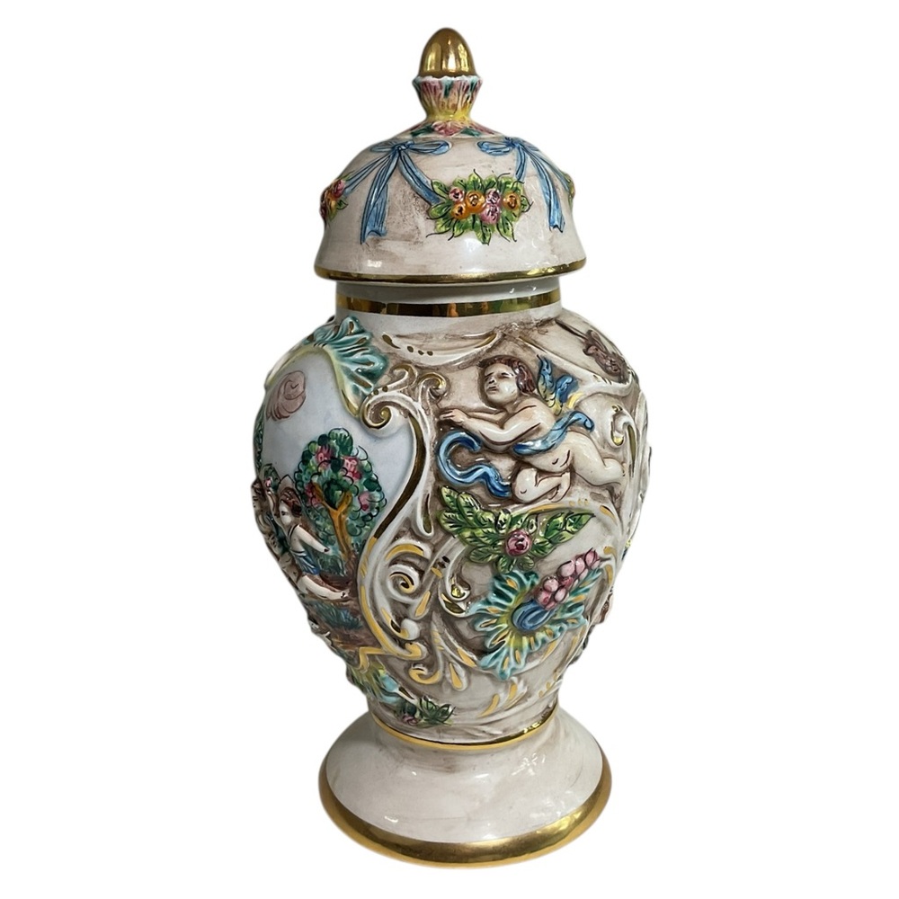 Vintage Capodimonte 3D Figural Cherubs With Flowers Lidded Ginger Jar Urn Italy - Picture 4 of 12